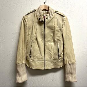 Mackage Cream Bone Leather Moto Jacket Wool Collar and Cuffs Size S